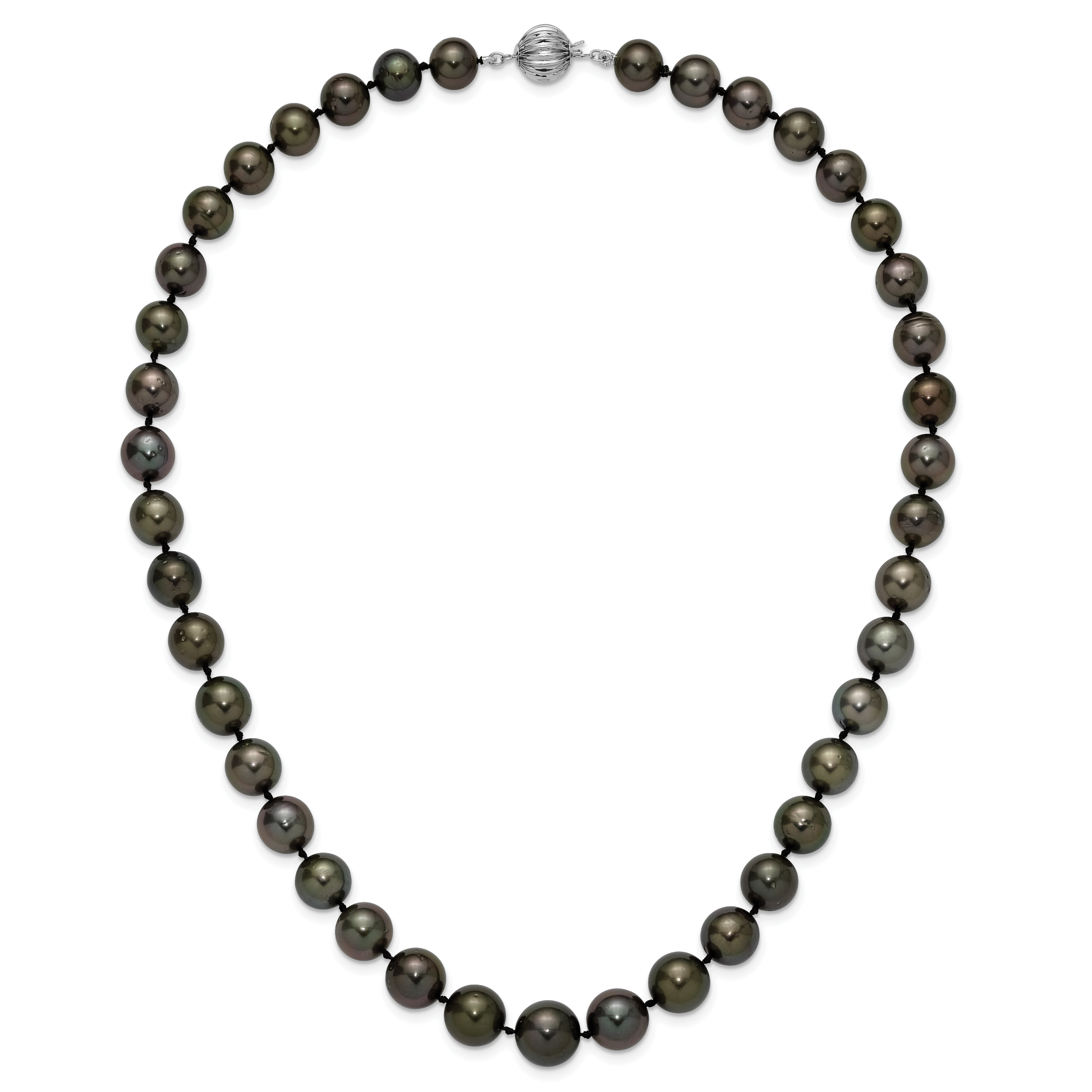 14k White Gold 9-12mm Black Semi-Round Tahitian Saltwater Cultured Pearl Graduated 19 inch Necklace XF464