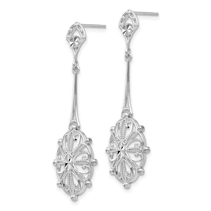 14k White Gold Diamond-cut Filigree Medallion Dangle Post Earrings TP137