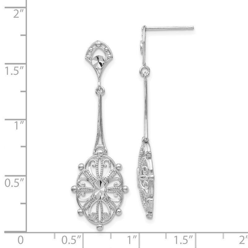 14k White Gold Diamond-cut Filigree Medallion Dangle Post Earrings TP137