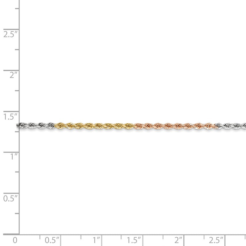 14K Tri-colored 10 inch 1.75mm Diamond-cut Rope with Lobster Clasp Anklet 014TC