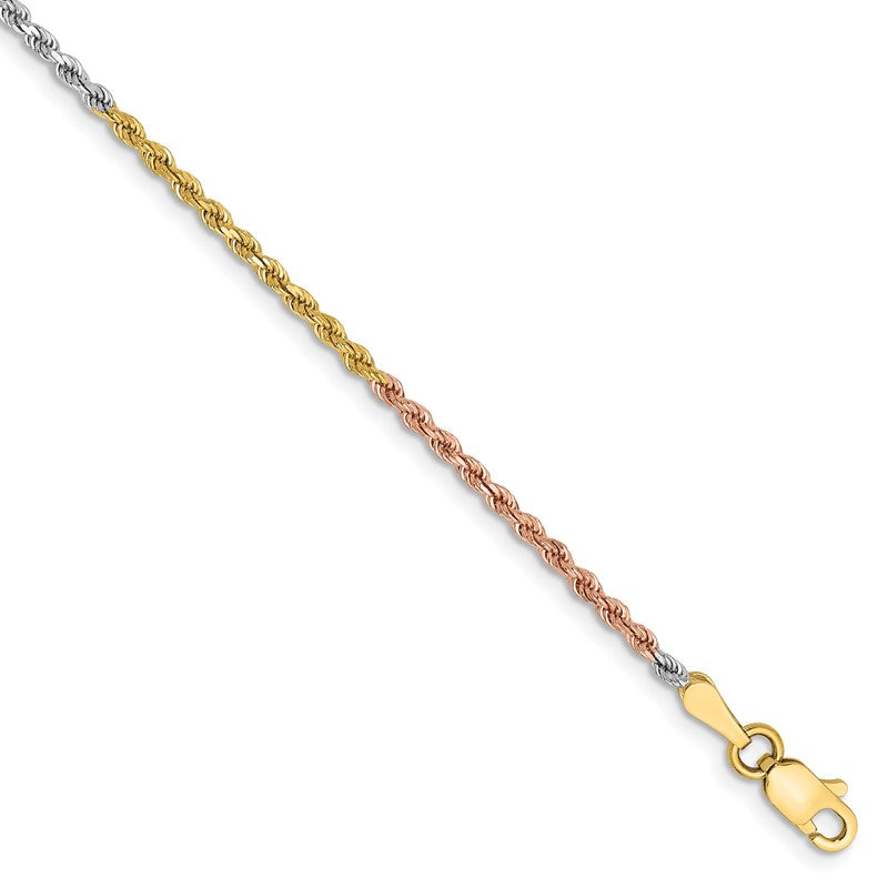 14K Tri-colored 10 inch 1.75mm Diamond-cut Rope with Lobster Clasp Anklet 014TC