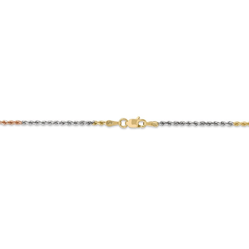 14K Tri-colored 10 inch 1.75mm Diamond-cut Rope with Lobster Clasp Anklet 014TC