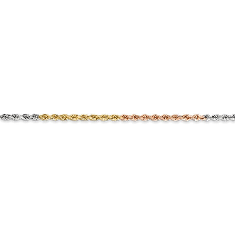 14K Tri-colored 10 inch 1.75mm Diamond-cut Rope with Lobster Clasp Anklet 014TC