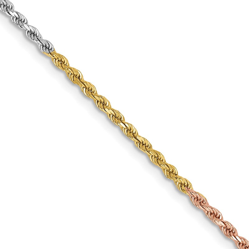 14K Tri-colored 10 inch 1.75mm Diamond-cut Rope with Lobster Clasp Anklet 014TC