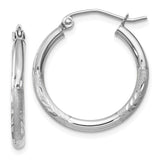 14k White Gold 2x20mm Satin Diamond-cut Round Tube Hoop Earrings TC198