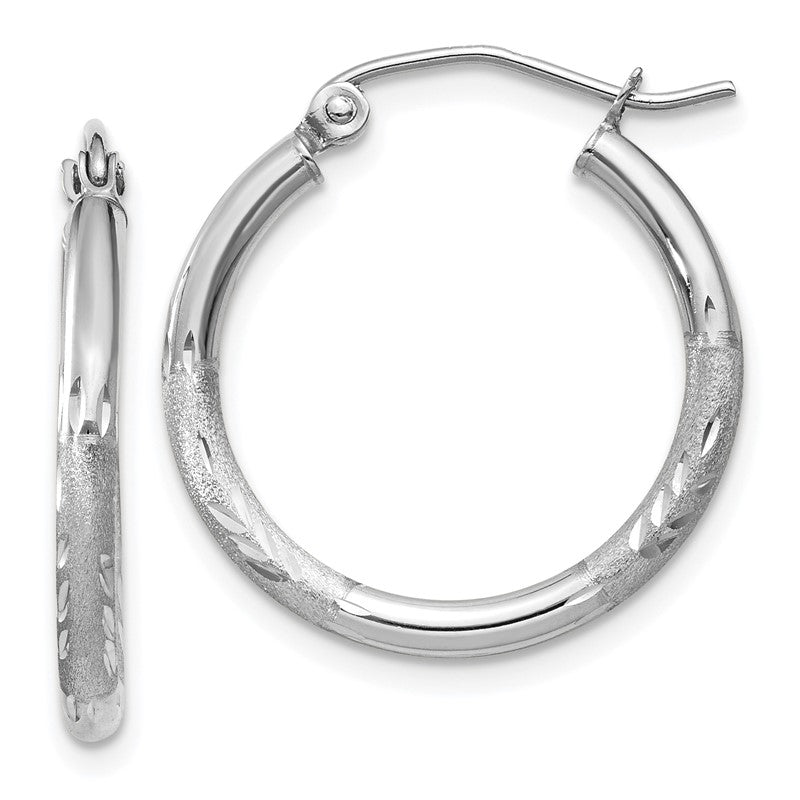 14k White Gold 2x20mm Satin Diamond-cut Round Tube Hoop Earrings TC198