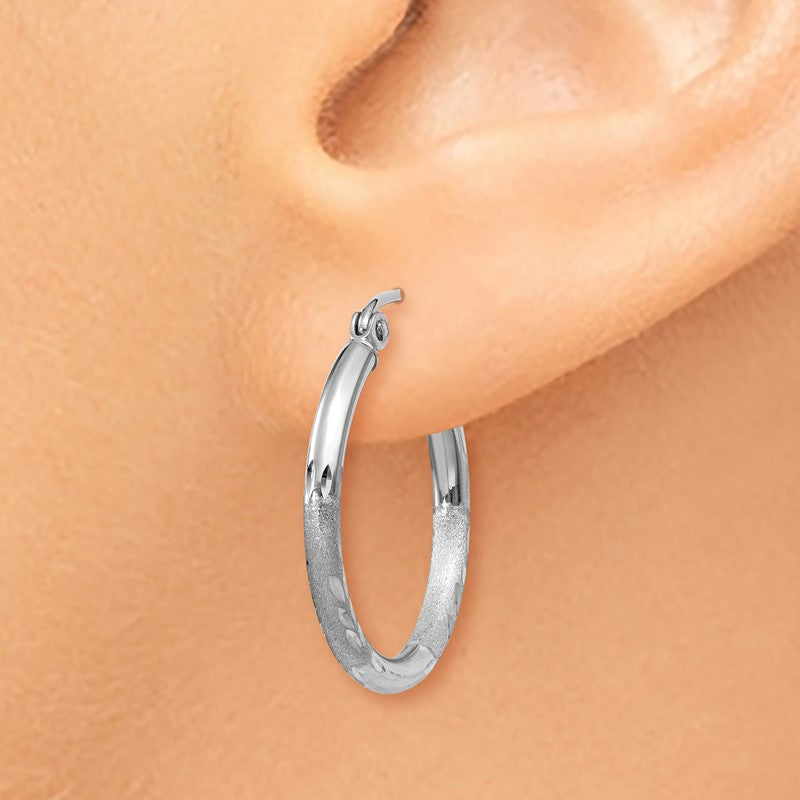 14k White Gold 2x20mm Satin Diamond-cut Round Tube Hoop Earrings TC198