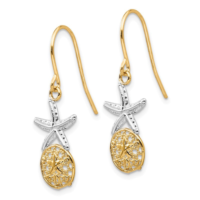 14k & Rhodium Starfish w/Sand Dollar Shepherd Hook Earrings TM770