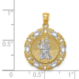 14K and White Rhodium Solid St. Christopher Medal Fancy Edge Round Pendant C4714