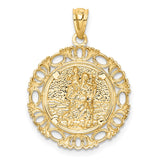 14K and White Rhodium Solid St. Christopher Medal Fancy Edge Round Pendant C4714