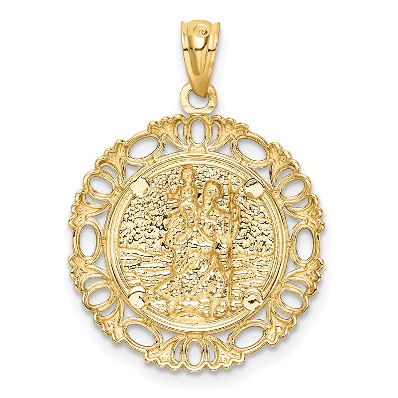 14K and White Rhodium Solid St. Christopher Medal Fancy Edge Round Pendant C4714