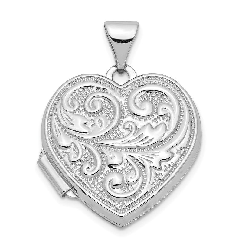 14k White Gold Scrolled Design Reverses to LOVE YOU ALWAYS Script 18mm Heart Locket XL327