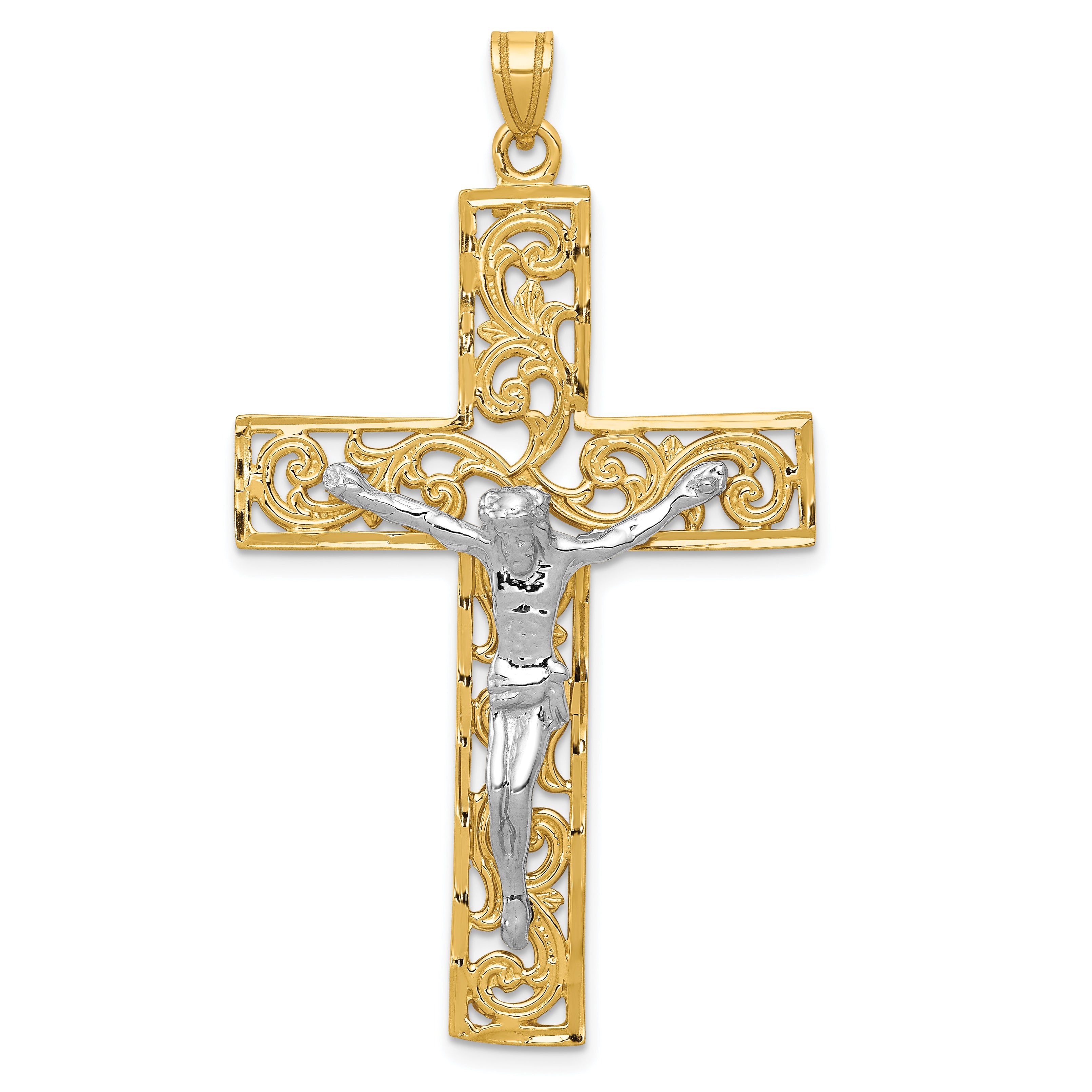 14k Two-tone Diamond-cut Filigree Crucifix Pendant C2015