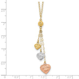 14k Tri-color Three Puffed Hearts 16 inch Lariat Necklace Plus 2 inch Extender SF1879