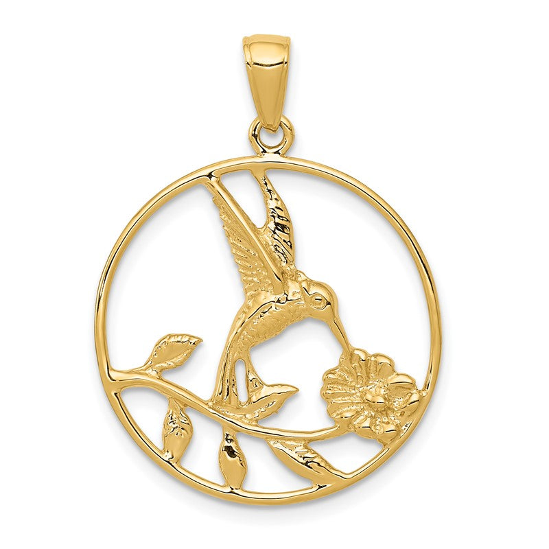14K Hummingbird in Round Frame Pendant D4196