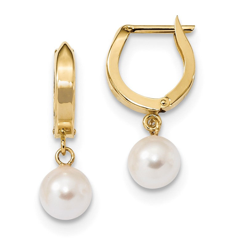 14k 6-7mm White Round Akoya Saltwater Cultured Pearl Dangle Hinged Hoop Earrings XF650E