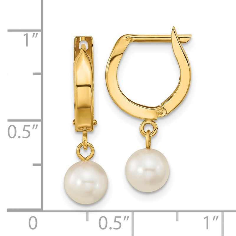14k 6-7mm White Round Akoya Saltwater Cultured Pearl Dangle Hinged Hoop Earrings XF650E