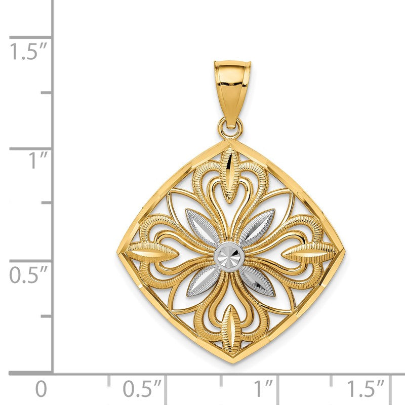 14k and White Rhodium Diamond-cut Polished Fancy Square Charm K5953
