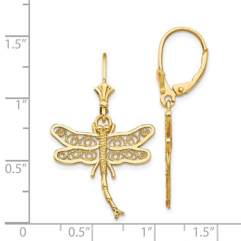 14k Dragonfly with Filigree Wings Dangle Leverback Earrings TM750