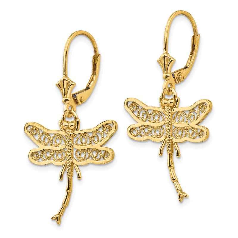 14k Dragonfly with Filigree Wings Dangle Leverback Earrings TM750