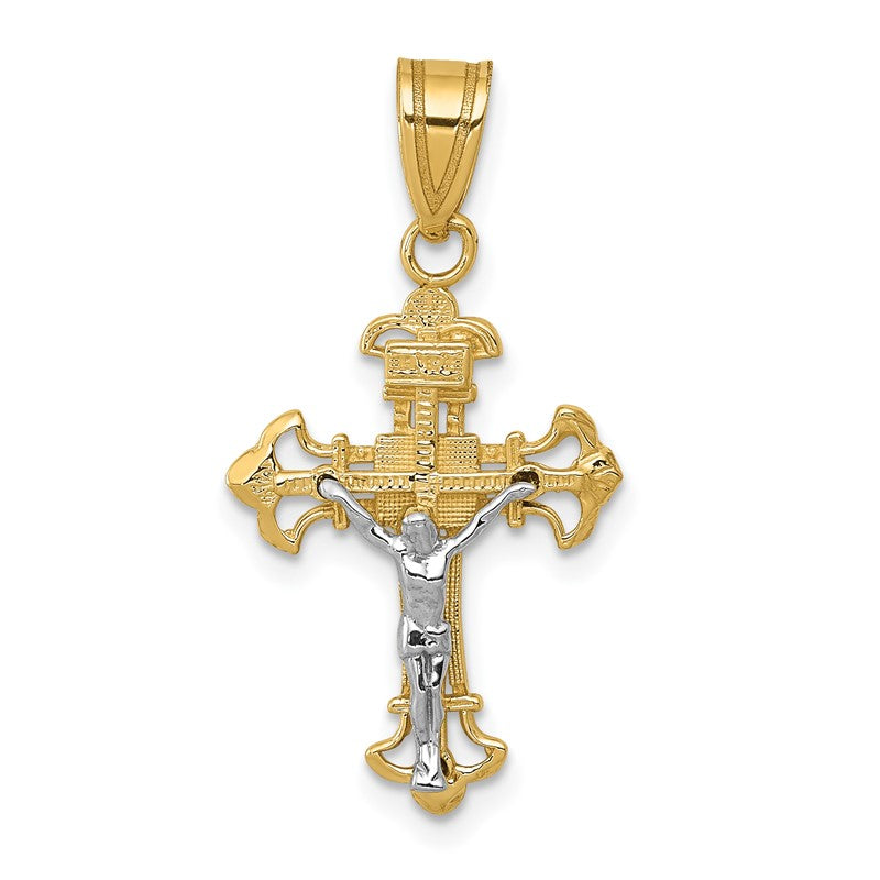14K Two-tone INRI Fleur de Lis Crucifix Charm D3675