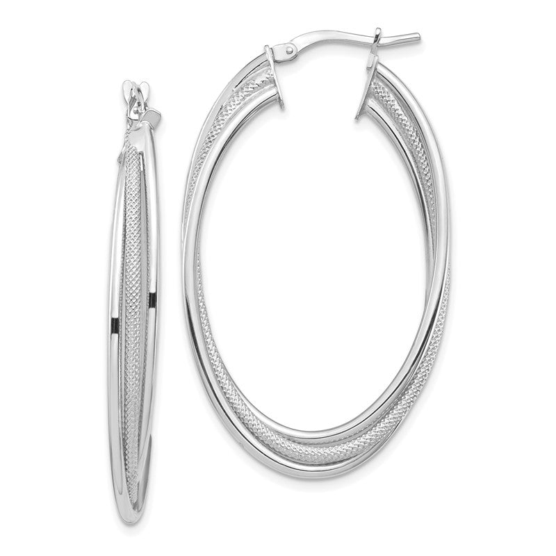 14k White Gold Polished and Textured Twisted Fancy Oval Hoop Earrings TF1351W