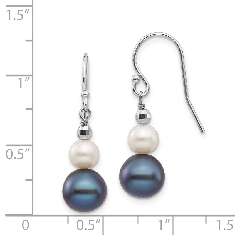 14k White Gold 6-9mm Black and White Semi-round Freshwater Cultured Pearl Graduated Dangle Earrings XF438E