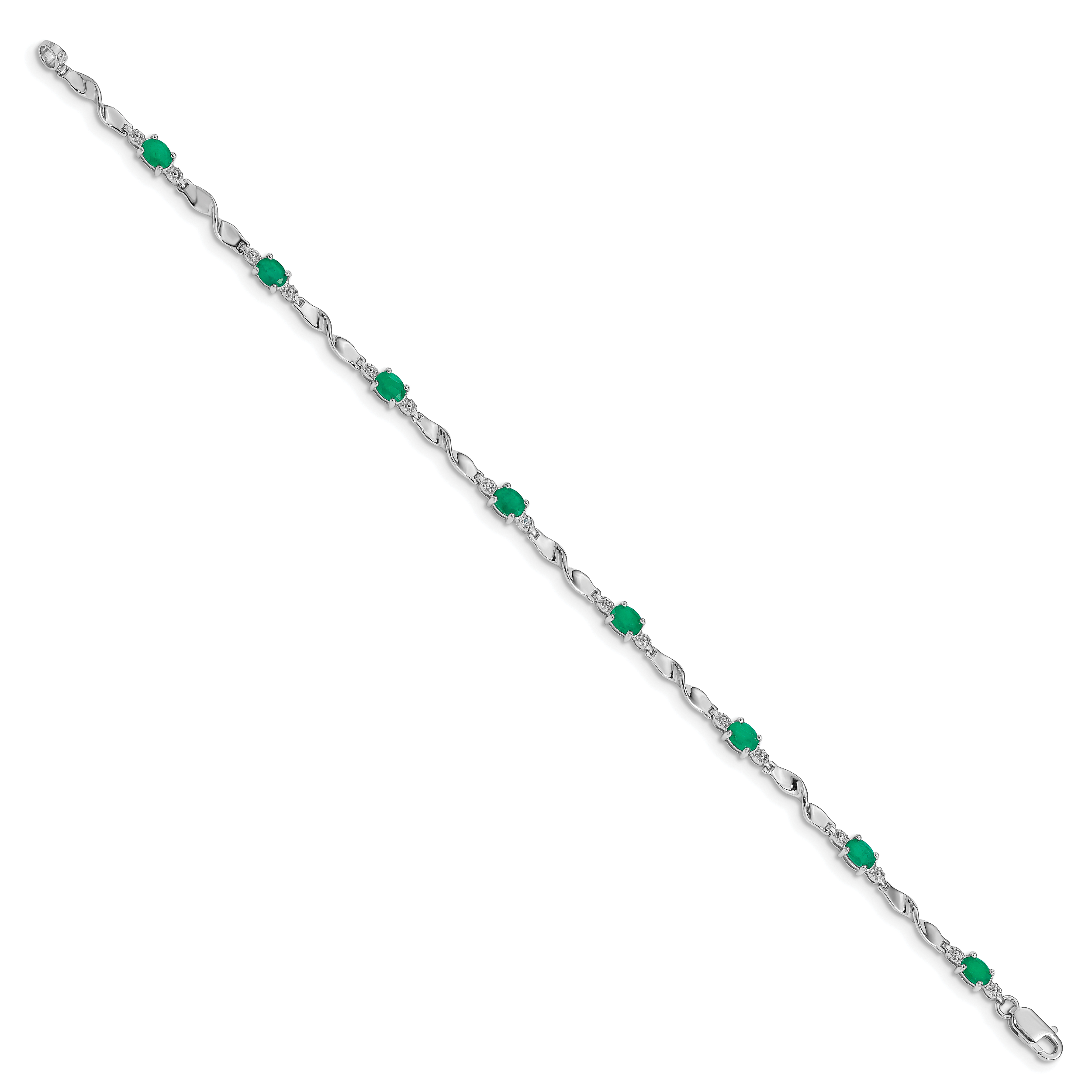 14k White Gold Complete Diamond and Oval Emerald Twisted Link 7 inch Bracelet BM4475