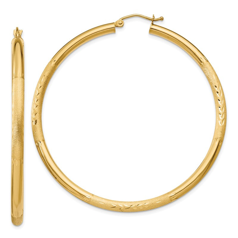 14k 3x55mm Satin Diamond-cut Round Tube Hoop Earrings TC296