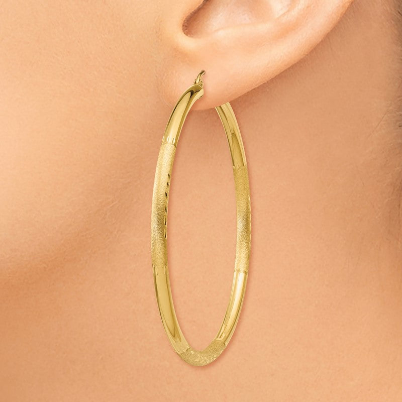 14k 3x55mm Satin Diamond-cut Round Tube Hoop Earrings TC296
