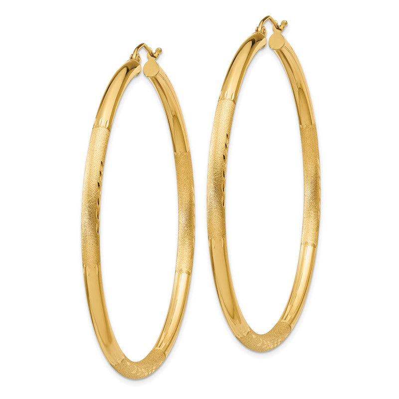 14k 3x55mm Satin Diamond-cut Round Tube Hoop Earrings TC296