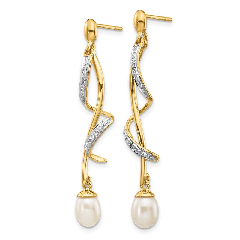 14k 7x5mm White Teardrop Freshwater Cultured Pearl and .01 carat Diamond Dangle Post Earrings XE2514AA