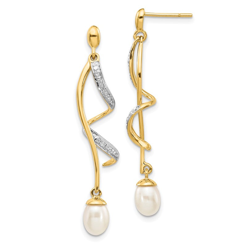 14k 7x5mm White Teardrop Freshwater Cultured Pearl and .01 carat Diamond Dangle Post Earrings XE2514AA