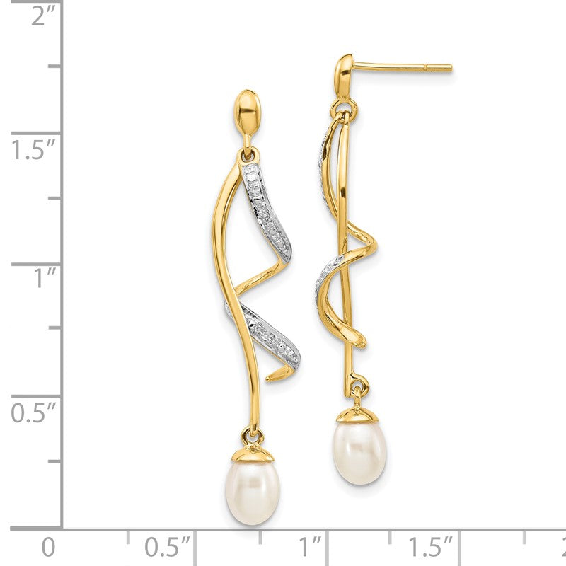 14k 7x5mm White Teardrop Freshwater Cultured Pearl and .01 carat Diamond Dangle Post Earrings XE2514AA