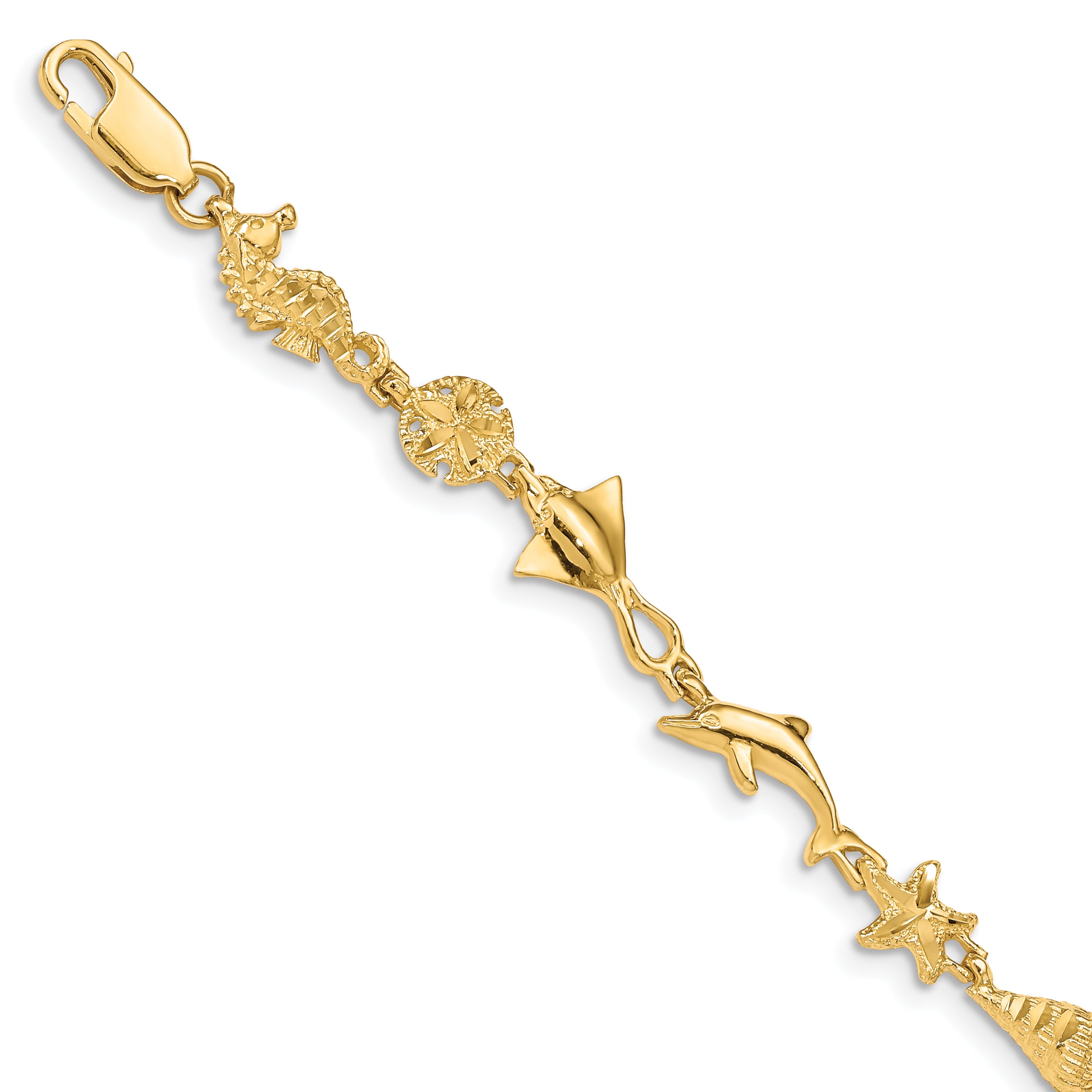 14k Polished and Textured Ocean Motif 7 inch Bracelet FB1494