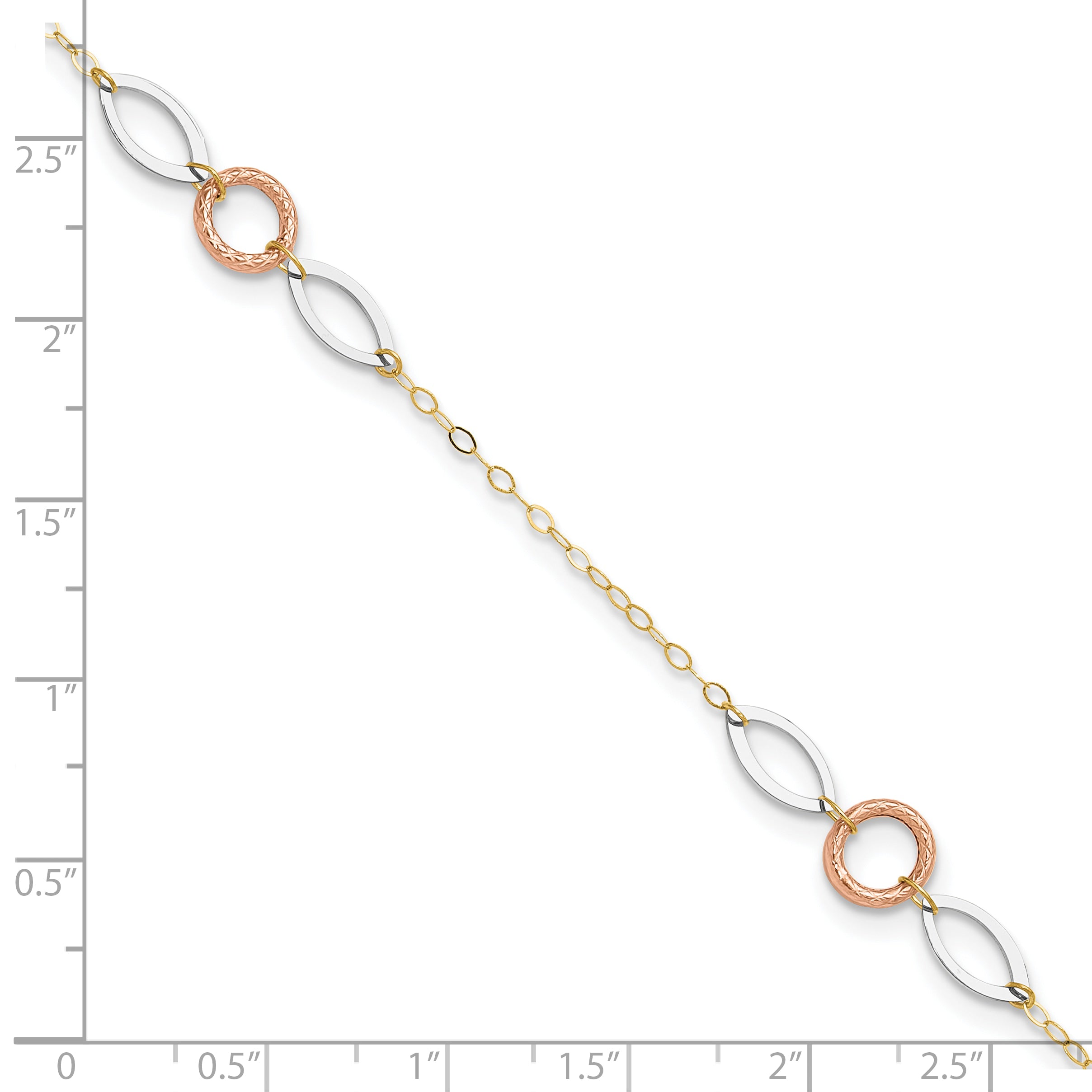 14k Tri-color Circle and Oval 3-Station 9 inch Plus 1 inch Extender - Total 10 inch Anklet ANK222