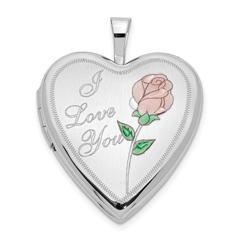 14K White Gold Pink and Green Enamel Rose I LOVE YOU Script 20mm Heart Locket XL603