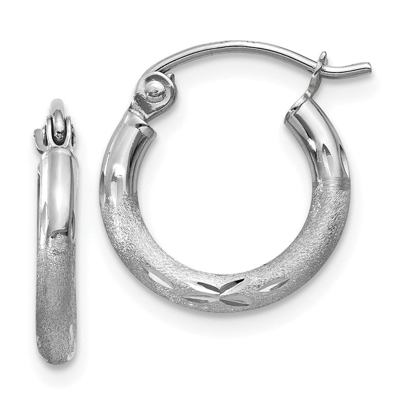 14k White Gold 2x13mm Satin Diamond-cut Round Tube Hoop Earrings TC200