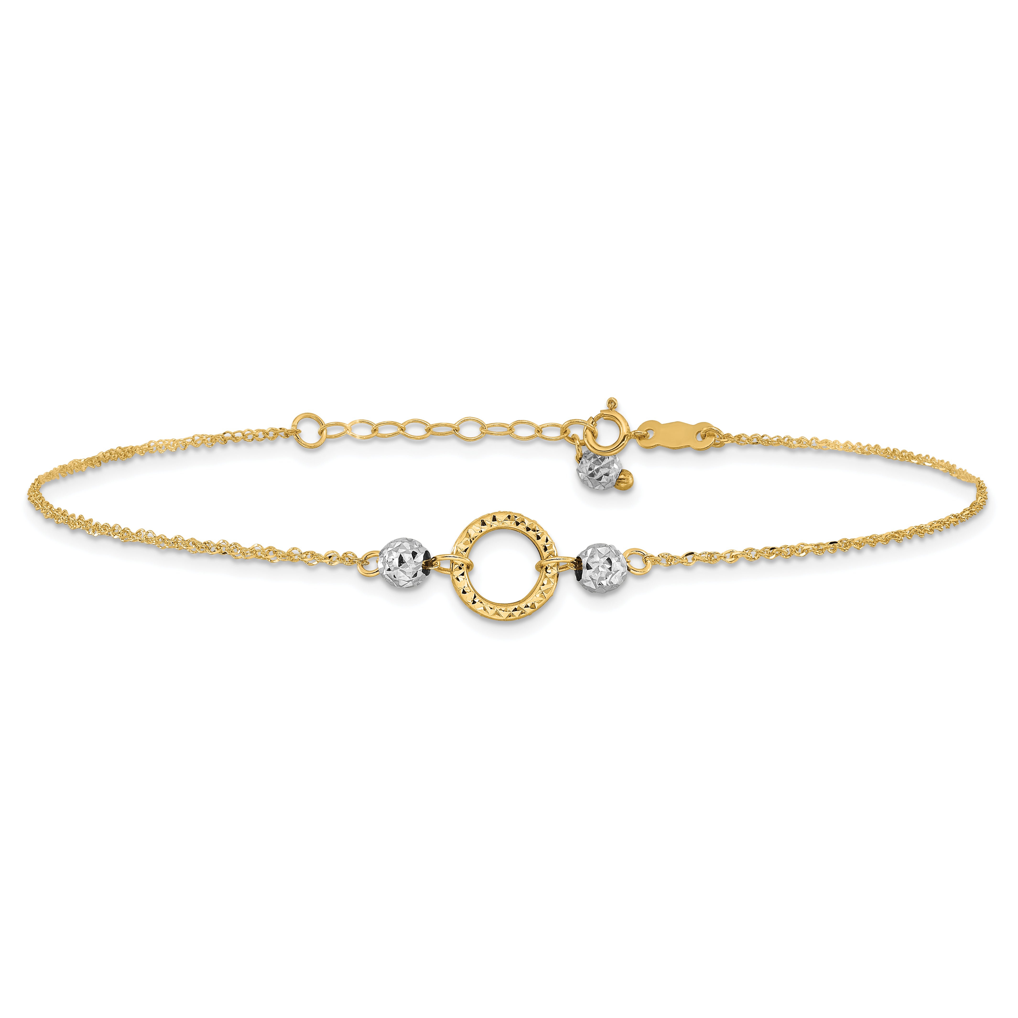 14k Two-tone Circle and Diamond-cut Beads 9 inch Plus 1 inch Bead Dangle Extender - Total 10 inch Anklet ANK228