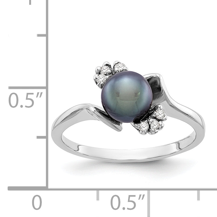 14k White Gold 6mm Black Freshwater Cultured Pearl and 1/15 carat AA Diamond Ring Y2015BP/AA