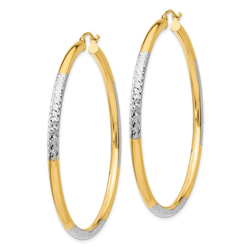 14K and Rhodium Diamond-cut 3x55mm Hoop Earrings TC833