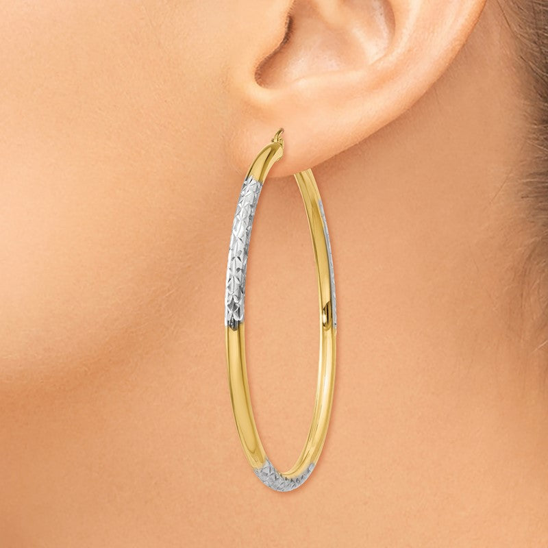 14K and Rhodium Diamond-cut 3x55mm Hoop Earrings TC833