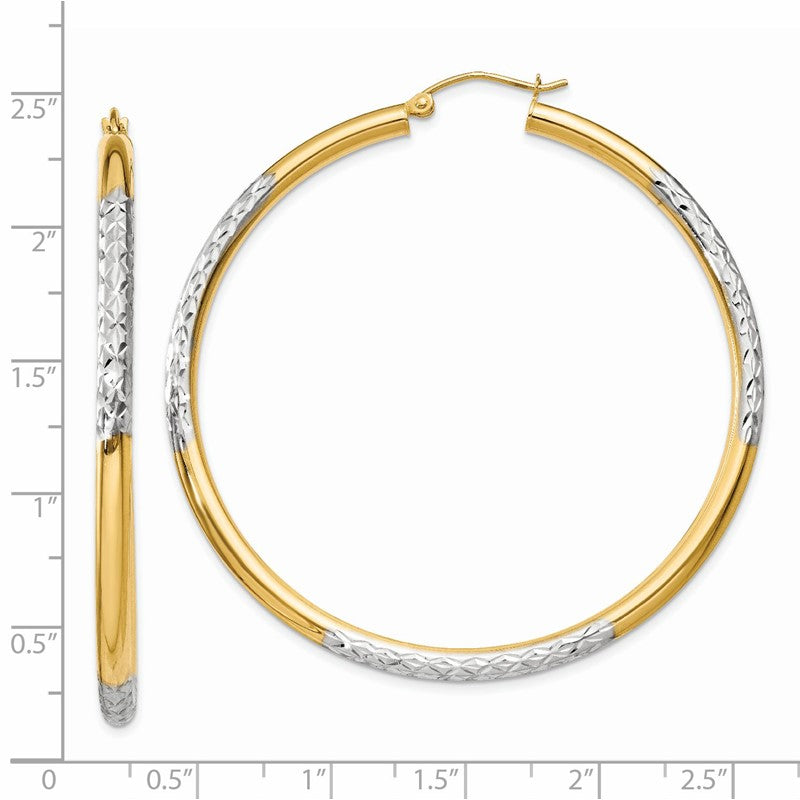 14K and Rhodium Diamond-cut 3x55mm Hoop Earrings TC833