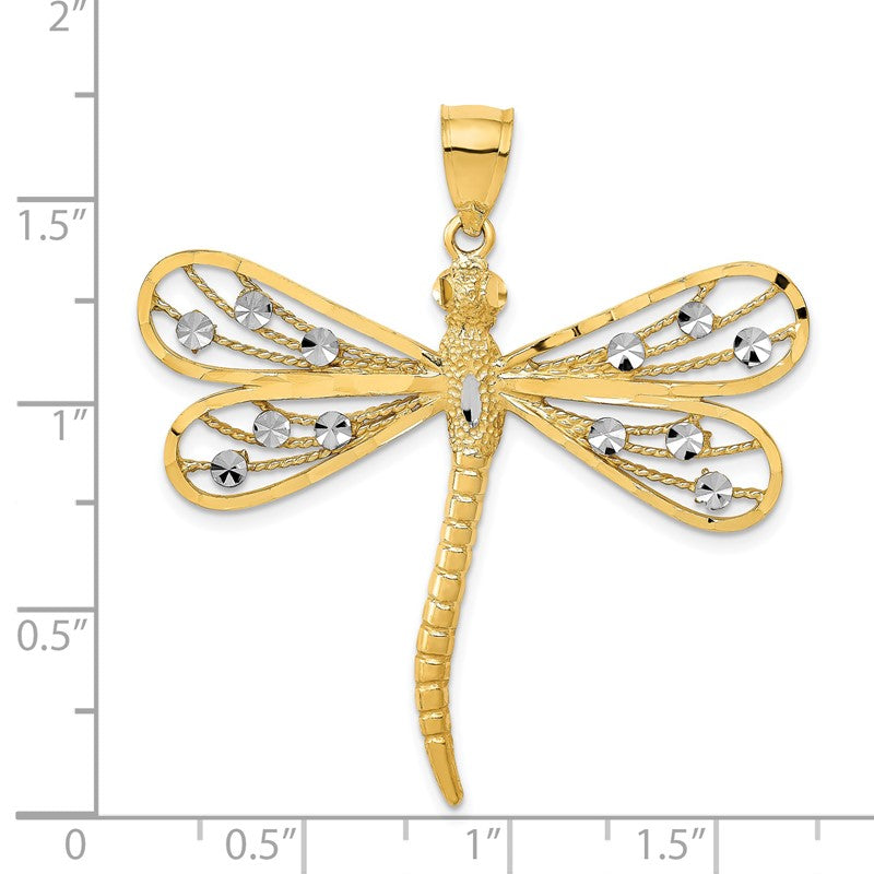 14K and White Rhodium Diamond-cut Filigree Dragonfly Pendant D3433