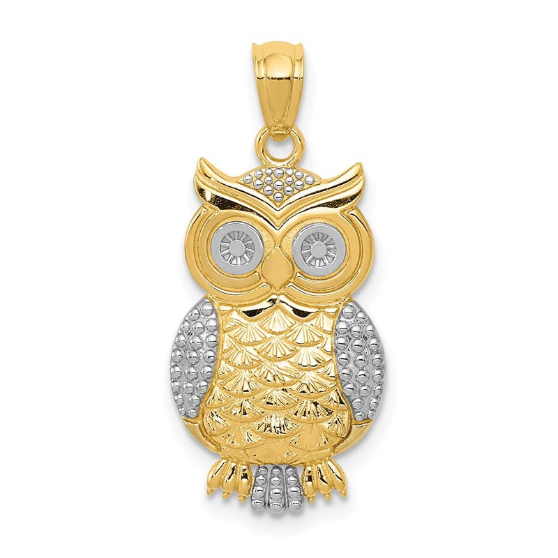 14K and White Rhodium Polished and Textured Owl Pendant K5978