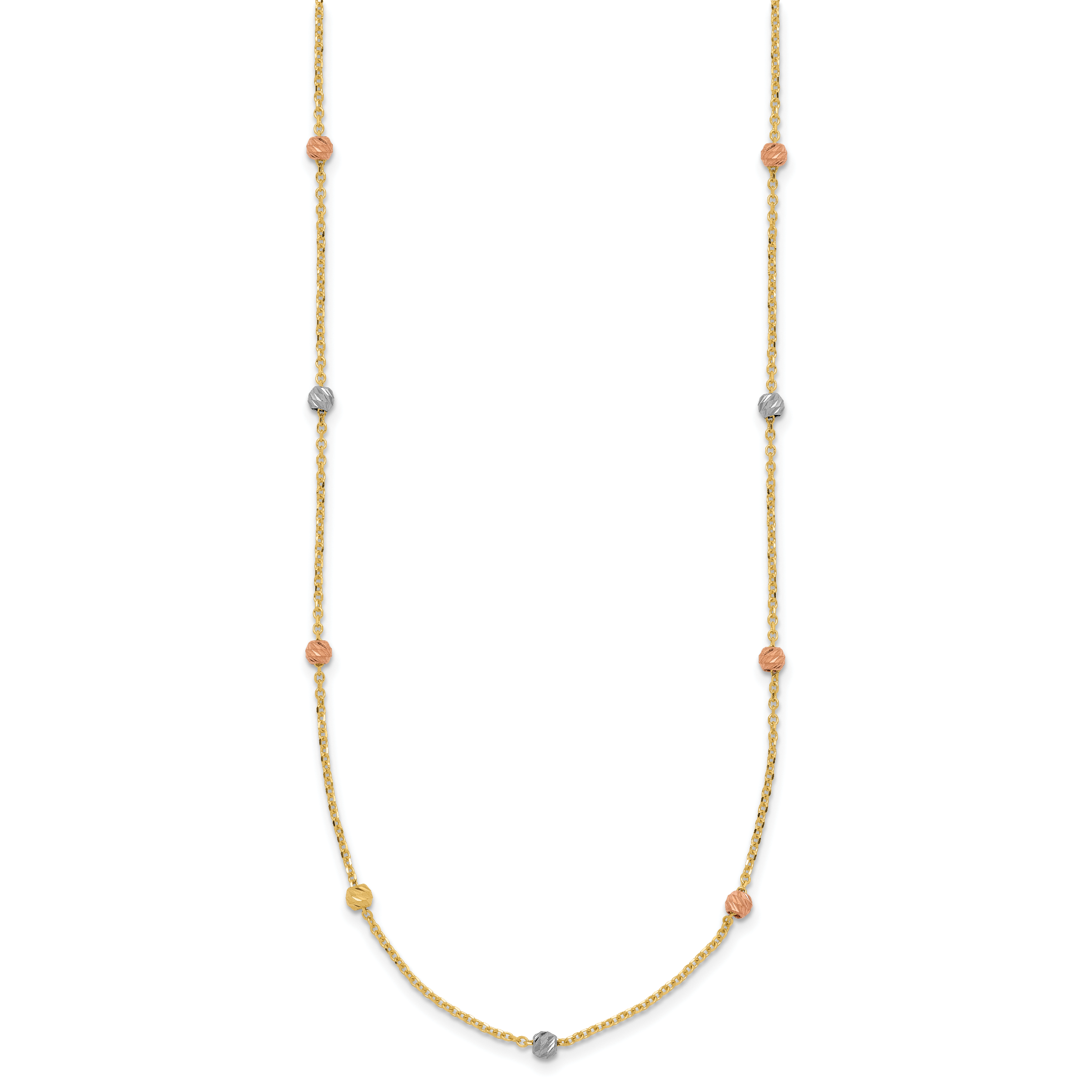 14k Tri-color Polished Diamond-cut Beads 18 inch Station Necklace SF2270