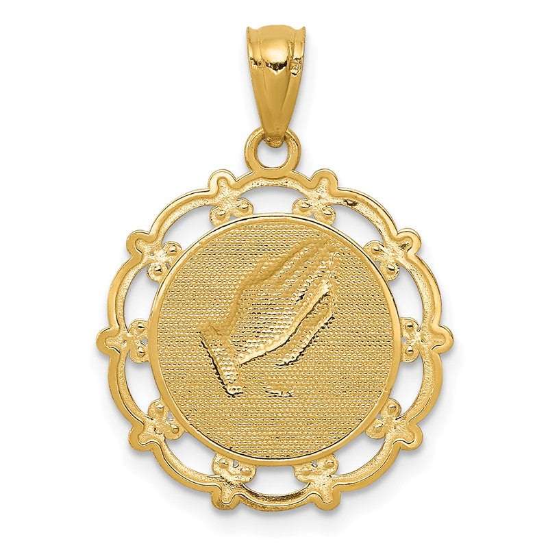 14K and White Rhodium BAPTISM with Praying Hands Scalloped Edge Round Pendant C4523