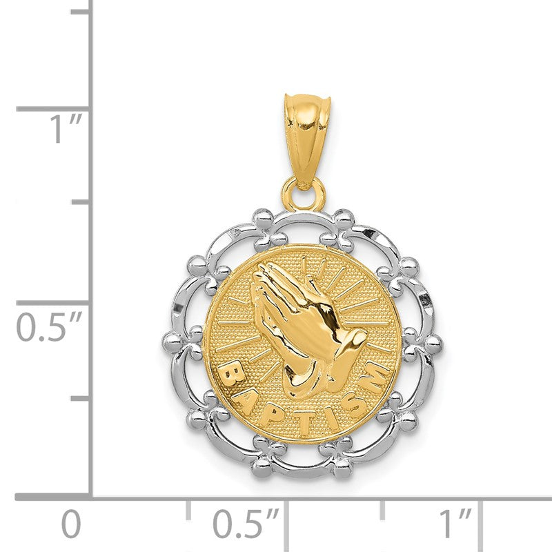 14K and White Rhodium BAPTISM with Praying Hands Scalloped Edge Round Pendant C4523