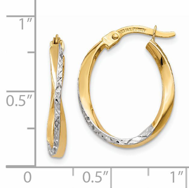 14K w/White Rhodium Textured and Polished Oval Hoop Earrings TF749