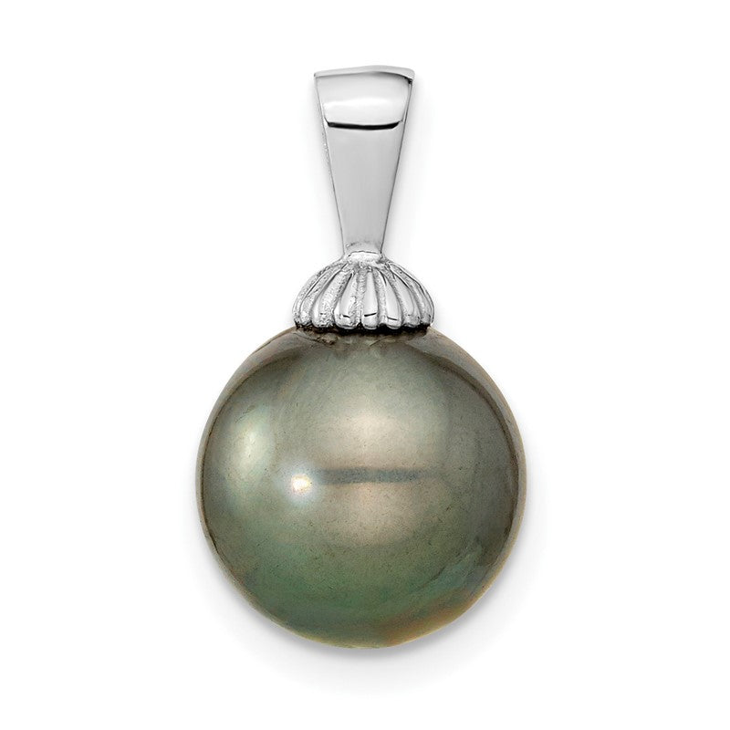 14k White Gold 10-11mm Black Round Tahitian Saltwater Cultured Pearl Pendant XF460
